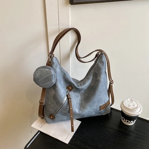 Large Capacity Retro PU Leather Fashion Backpack For Women Simple Contrast Color Underarm Bag With Mini Round Pouch Shoulder Bag Commuter Tote