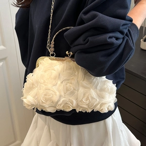 Elegant 3D rose chain bag in creamy white with vintage metal clasp and floral texture