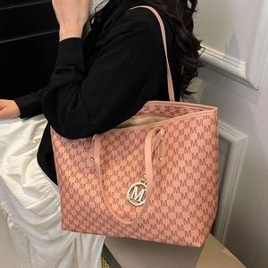 Pink orange large tote bag with M-letter print and shoulder strap for women
