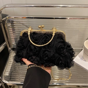 Elegant black organza 3D rose evening handbag with gold chain and metal ring handle