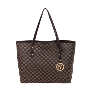 Chic dark brown tote bag with all-over M-letter print and gold circular metal pendant