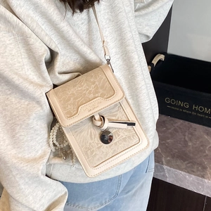 Minimalist cream crossbody mobile phone bag with elegant pearl pendant and marble texture