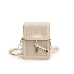 Chic beige crossbody phone bag with floral lace texture and decorative pearl chain strap