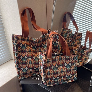 Bohemian woven jacquard tote bags with colorful geometric patterns in large and small sizes