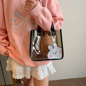 Sac à main transparent en PVC souple avec motif lapin mignon et poignées noires élégantes