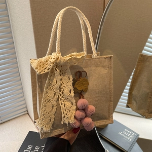 Pastoral Jute Woven Handbag With Lace Bow And Fruit Pendant Fashion Korean Small Tote Shoulder Bag For Women Daily Travel