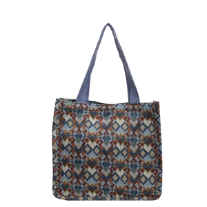 Bohemian geometric canvas tote bag with blue and green rhombic jacquard patterns