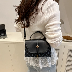 Women black leather and blue geometric jacquard small crossbody bag with gold clasp