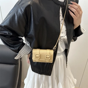 Mini gold crossbody bag with carbon fiber texture and metallic chain strap worn by a model