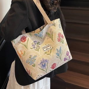 Large floral canvas tote bag with vintage flower patterns and durable shoulder straps