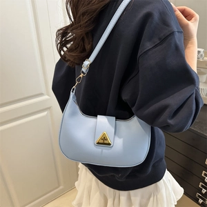 Women Crescent Hobo Bag Faux Leather Underarm Shoulder Bag Minimalist Golden Triangle Buckle Commuter Solid Color Handbag