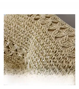 Close-up of beige woven straw texture with hollow floral patterns on a lady handbag