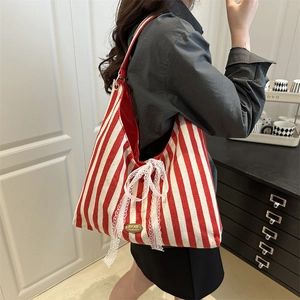 Women Fashion Stripe Canvas Tote Bag With White Lace Bow Handmade Metal Plate Large Capacity Casual Shoulder Bag