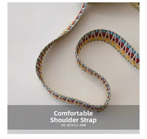 Close-up of bohemian woven shoulder strap with colorful patterns and metallic edges