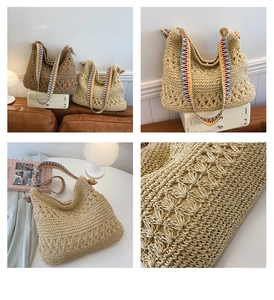 Detail of hand-woven straw tote bag with colorful geometric pattern webbing handles