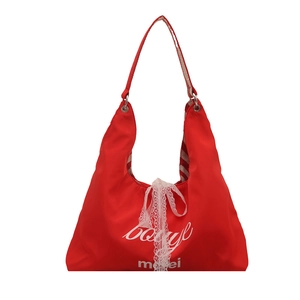 Red hobo tote bag with white lace bow and striped lining in a sweet Japanese style