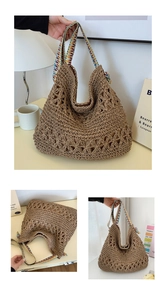 Detail of hollow diamond weave straw tote with bohemian embroidered strap and large capacity