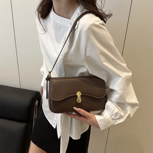 Classic dark brown matte leather shoulder bag with elegant oval gold buckle for women