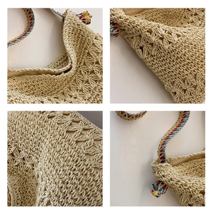 Detailed close-up shots of handmade straw tote bag with colorful ethnic style strap