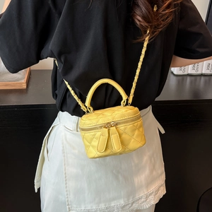 Bright yellow quilted mini crossbody bag with metal chain strap for women