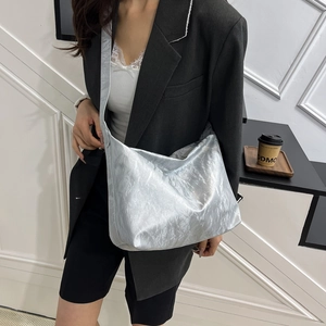 Silver metallic wrinkled tote bag with large capacity for daily commuting and fashion