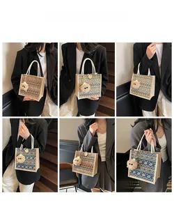 Detail shots of ethnic style woven tote bags with geometric patterns and pompom charms