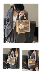 Close-up of ethnic style jute woven tote with wave patterns and cotton rope handles
