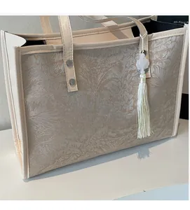 Detail of floral jacquard texture on beige tote bag with elegant tassel and bead charm