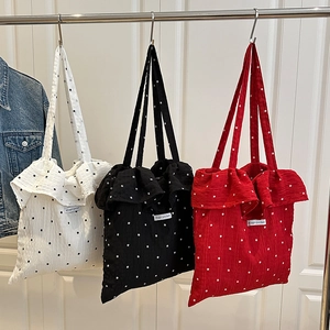 Chiffon mesh tote bags with floral patterns and ruffled edges in three colors
