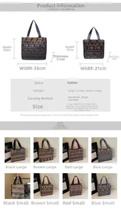 Size chart for Bohemian tote bag showing large and small dimensions in four colors