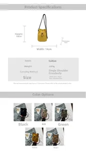 Size chart showing nylon crossbody bag dimensions 14x18x4cm and lightweight specifications
