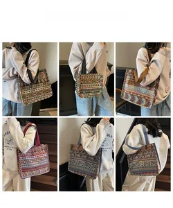 Detailed views of ethnic woven tote bags in six different colorful geometric patterns