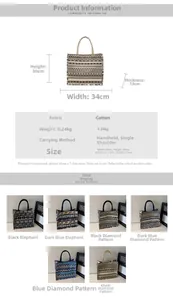 Size guide for large canvas tote showing dimensions 34x30x13cm and 6 color patterns