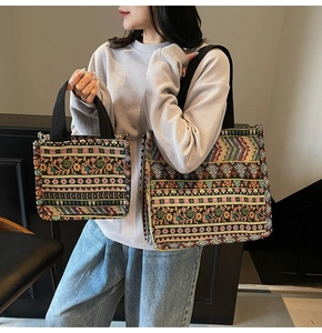 Close-up of ethnic jacquard tote bags in two sizes with boho geometric floral patterns