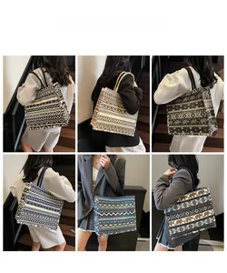 Collage of six large ethnic print canvas tote bags showing various bohemian patterns