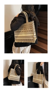 Detail of large canvas tote bag with brown geometric tribal patterns for commuting