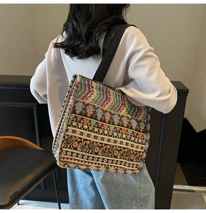 Detail of ethnic tote bag featuring bohemian jacquard fabric and geometric patterns