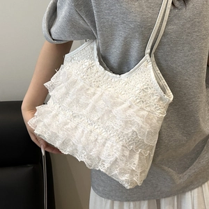 White Lace Ruffle Tote Bag Women Large Capacity Mesh Fairy Shoulder Bag Summer Vacation Casual Daily Handbag