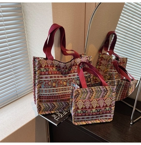 Ethnic style tote bag set with bohemian jacquard pattern and red woven handles