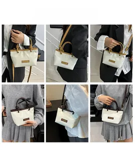 Collage of model wearing a woven straw tote bag in both hand-held and crossbody styles