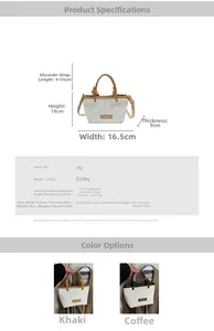 Detail view of khaki and brown PU leather bucket bag with adjustable shoulder strap and specs