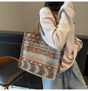 Close-up of bohemian woven tote bag featuring colorful geometric patterns and fabric handle