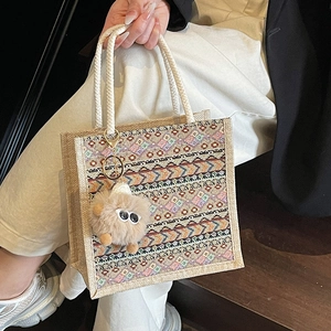 Women Vintage Ethnic Woven Tote Bag Cotton Linen Geometric Pattern Shoulder Bag with Plush Elf Charm Handbag for Daily College