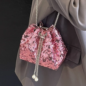Borsa a Secchiello con Paillettes da Donna Borsa a Tracolla con Catena in Metallo Lucido e Coulisse con Künstliche Perle Mini Borsa a Mano da Sera e da Festa
