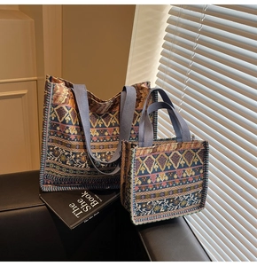 Close-up of Bohemian jacquard tote bag set with intricate ethnic patterns and textures