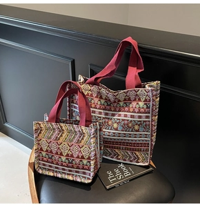 Close-up of bohemian jacquard tote bags in two sizes with intricate geometric textures