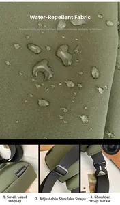 Close-up of waterproof olive green nylon fabric with water droplets and adjustable strap