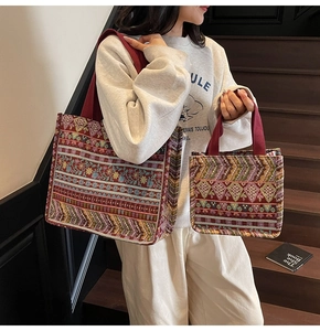 Detail view of ethnic jacquard tote bag set with bohemian geometric patterns