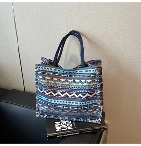 Detail of ethnic geometric print on durable canvas tote bag for stylish urban commuting