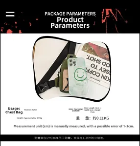 Detailed view of military green nylon crossbody bag with size and weight parameters